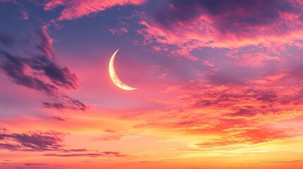 Canvas Print - Crescent Moon in Vibrant Sunset Sky