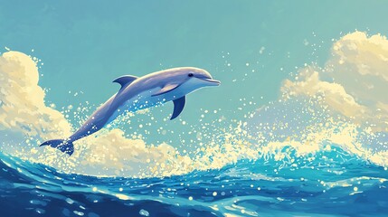 Wall Mural -   A dolphin jumps in air over water with blue sky and clouds