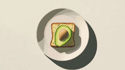 Wall Mural -   A slice of toasted bread with avocado perfectly split in two on a plate A subtle shadow graces the wall behind