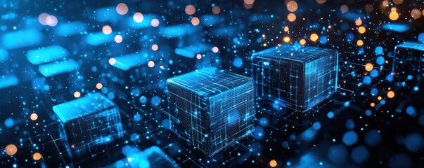 Poster - 3d blue glowing cubes with intricate digital patterns set against a dark, futuristic backdrop