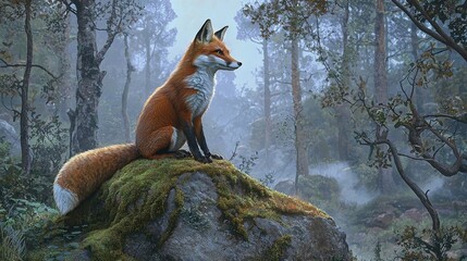 Poster -  Fox on Rock in Forest with Fog