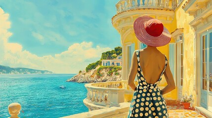 Canvas Print -   Polka Dot Woman Painting - A woman in a polka dot dress gazes out at the blue-green ocean, framed by a sunlit yellow building's balcon