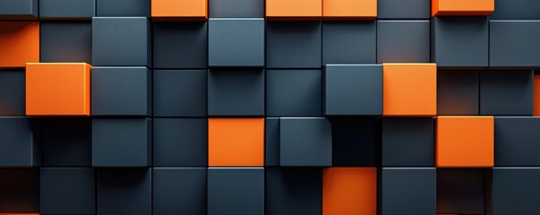 Poster - 3D wallpaper featuring dark blue and orange geometric cubes creating a modern and abstract design