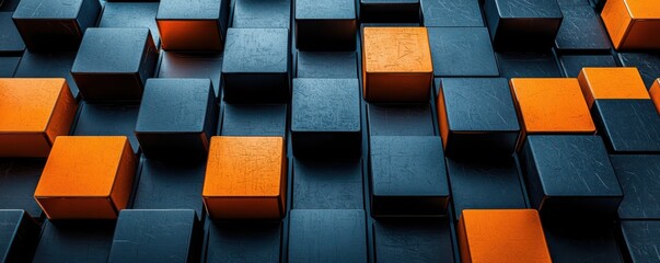 Poster - 3D wallpaper showcasing a striking dark blue and orange geometric pattern with cubes creating a modern and abstract design