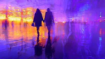 Canvas Print -   A few individuals strolling down a road beside one another against a backdrop of purple and yellow hues