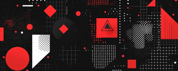Poster - Abstract geometric composition with circles, squares, and lines on a black background creating a modern and dynamic visual experience
