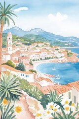 Wall Mural - Gouache illustration of a sunny morning in Corsica with a soft pastel colour palette, perfect for vintage or travel themed designs Generative AI