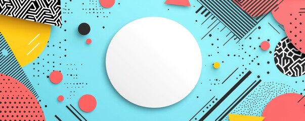 Poster - Blank card template with empty white circle on vibrant abstract geometric background in blue, orange, and black.