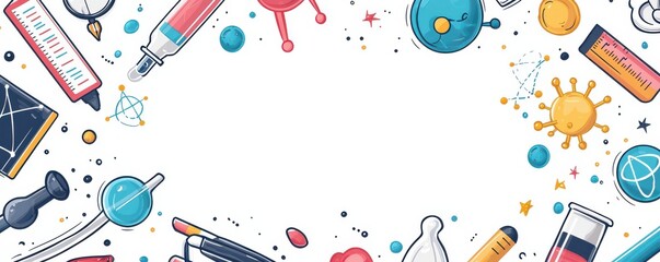 Poster - Blank white page surrounded by illustrated scientific equipment and chemical elements in a colorful and creative design