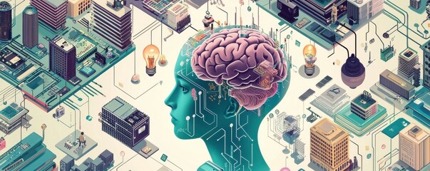 Poster - A creative collage merging digital and traditional art elements with a focus on human intelligence and technology integration
