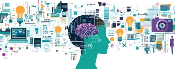 Poster - Collage of digital and traditional elements with a human brain at the center in a conceptual illustration
