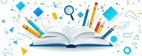 Poster - Flat design illustration of an open book with stationery items and abstract elements representing creativity and knowledge