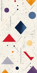 Poster - Geometric pattern with colorful circles, triangles, and lines on a light background creating a dynamic abstract composition