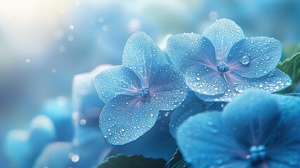 Poster -   A blue flower with water droplets on its petals and a blue flower with green leaves and water droplets on its petals