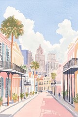 Wall Mural - Gouache illustration of New Orleans on a sunny morning, detailed soft pastel color palette, vintage vogue style, perfect for travel or cityscape themed designs Generative AI