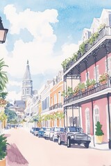 Wall Mural - Gouache illustration of New Orleans on a sunny morning, detailed soft pastel color palette, vintage vogue style, perfect for travel or cityscape themed designs Generative AI