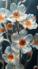 Poster -   A photo of multiple flowers in close-up, with water drops on their petals and the petals of other flowers visible in the background