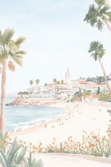 Wall Mural - Gouache Illustration of a Sunny Morning in Santa Cruz with a Vintage Vogue Aesthetic, Perfect for Travel or Lifestyle Editorials Generative AI