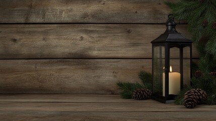 Wall Mural - A vintage lantern illuminates a cozy winter scene, with soft candlelight and intricate metalwork. Surrounded by evergreen branches and pine cones, it adds warmth to a rustic backdrop