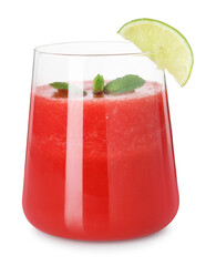 Poster - Tasty watermelon drink in glass, mint and lime isolated on white