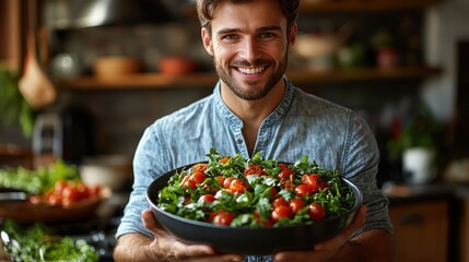 Smiling man holding a large bowl of fresh salad ingredients in a cozy kitchen setting during daylight hours