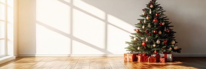 Poster - Christmas tree with golden baubles and presents by the window in a sunlit room. Cozy winter holiday atmosphere. Merry Christmas and Happy New Year background.
