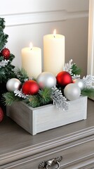 Wall Mural - A beautifully arranged Christmas centerpiece sits on a vintage dresser, showcasing candles surrounded by lush greenery and vibrant red ornaments, perfect for holiday celebrations