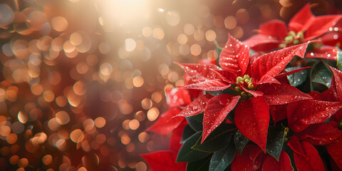 banner with red poinsettia flowers on a blurred gold background, background with space for text