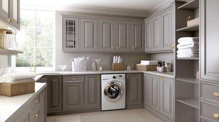 Wall Mural - This laundry room showcases a blend of functionality and elegance with gray cabinets, neatly arranged towels, and a vase of flowers, all illuminated by natural light.