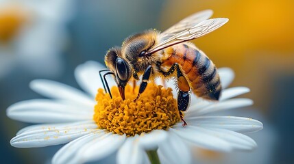 Wall Mural -   A bee in focus on a blurred flower background