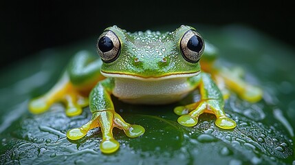 Poster -   A close-up of a frog on a leaf with water droplets on its back legs and eyes