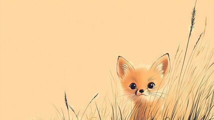 Poster -   Fox in Grass - A small fox gazes into the lens against a backdrop of towering blades and a warm yellow sky