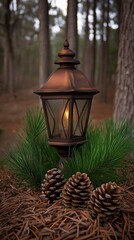 Wall Mural - A warm and inviting display of a vintage lantern glowing brightly, nestled among pine cones and evergreen branches on a wooden table outside an old cabin.