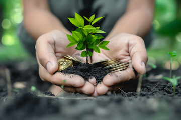 Hands Holding Small Plant Growing from Soil with Coins