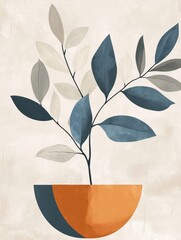 Poster - A modern abstract illustration showcases a plant with large leaves emerging from a round orange pot in soothing earthy tones