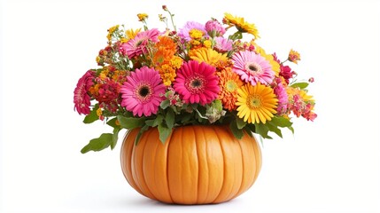 Vibrant autumn floral arrangement featuring colorful gerbera daisies, chrysanthemums, and other seasonal blooms nestled in a festive orange pumpkin vase on white background.