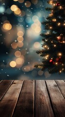 Wall Mural - Festive Christmas scene with decorated tree, twinkling lights, and rustic wooden table. Magical holiday atmosphere captured in warm bokeh glow and soft focus.