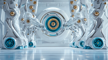 3D render of blue and white robot arms on the wall with many gears, industrial background, white color palette, hyper-realistic, Octane rendering,ai.