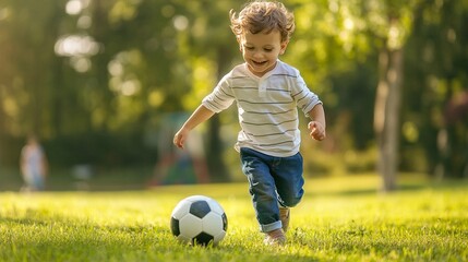joyful toddler in striped shirt and jeans running after soccer ball on lush green grass in sunlit pa