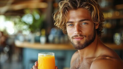 A young man enjoying a refreshing orange juice at a tropical bar during a sunny day by the beach