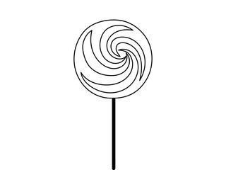 Black outline of a spiral lollipop candy on a white background. Concept of sweet treat, confectionery, simple illustration, minimalist style. Icon, design element, candy shop decor, coloring page