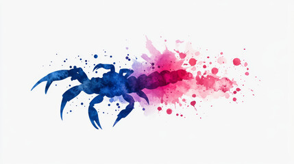 Wall Mural - Watercolor scorpion silhouette with pink and blue splatters.