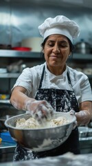 In a bustling bakery kitchen a dedicated Hispanic female baker wearing a chef\'s hat and apron joyfully mixes ingredients in a large bowl preparing for the day\'s baking