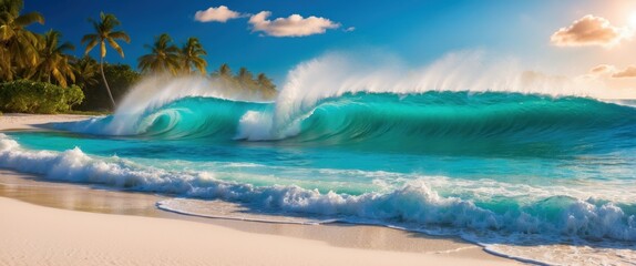 Canvas Print - Vibrant ocean waves crashing on sandy beach under sunny sky with palm trees, evoking a tropical paradise ideal for relaxation and travel.