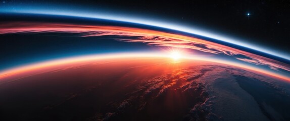 Dramatic view of Earth’s atmosphere during sunset, showcasing vibrant colors and celestial beauty. Ideal for science and exploration themes.