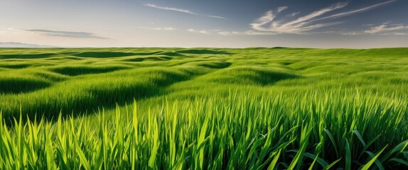 Vast green field under a bright sky, showcasing natural beauty and tranquility in a serene outdoor environment.