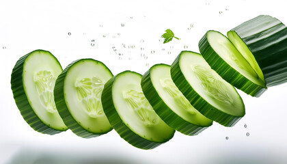 Wall Mural - Green cucumber slices, isolated on a white background