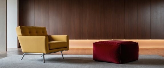 Modern interior featuring a yellow chair and red ottoman, combining elegance and comfort in a stylish living space.