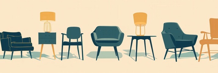 Various silhouettes of furniture pieces are arranged on a light gradient backdrop, illustrating modern interior design elements. Generative AI