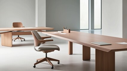 Poster - Minimalist office workspace designs with sleek wooden desks, neutral tones, and simple decor—perfect for professional, corporate, or home office setup inspiration and design projects.